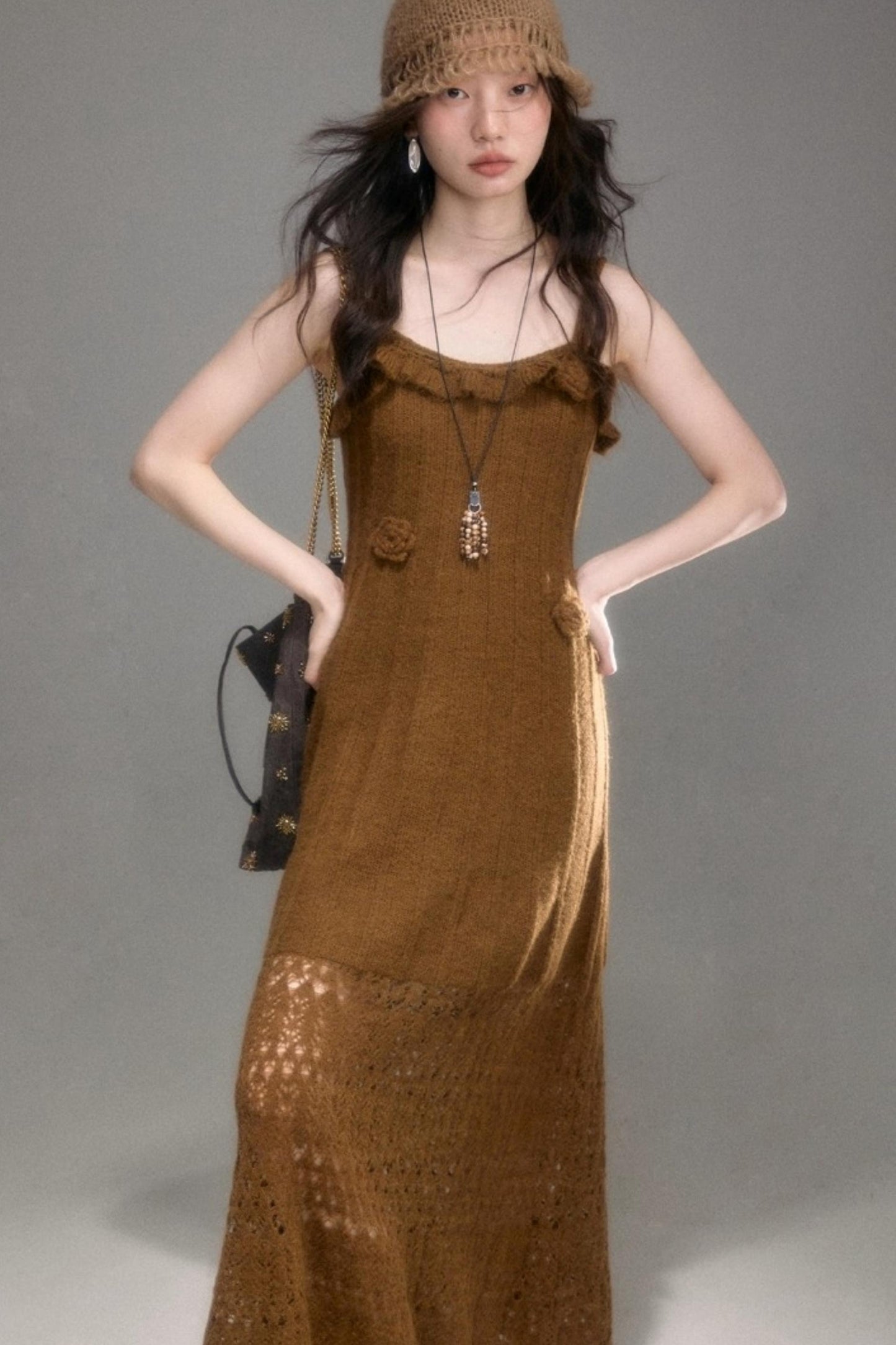 Crochet Knit Camisole Dress Cardigan Set-Up