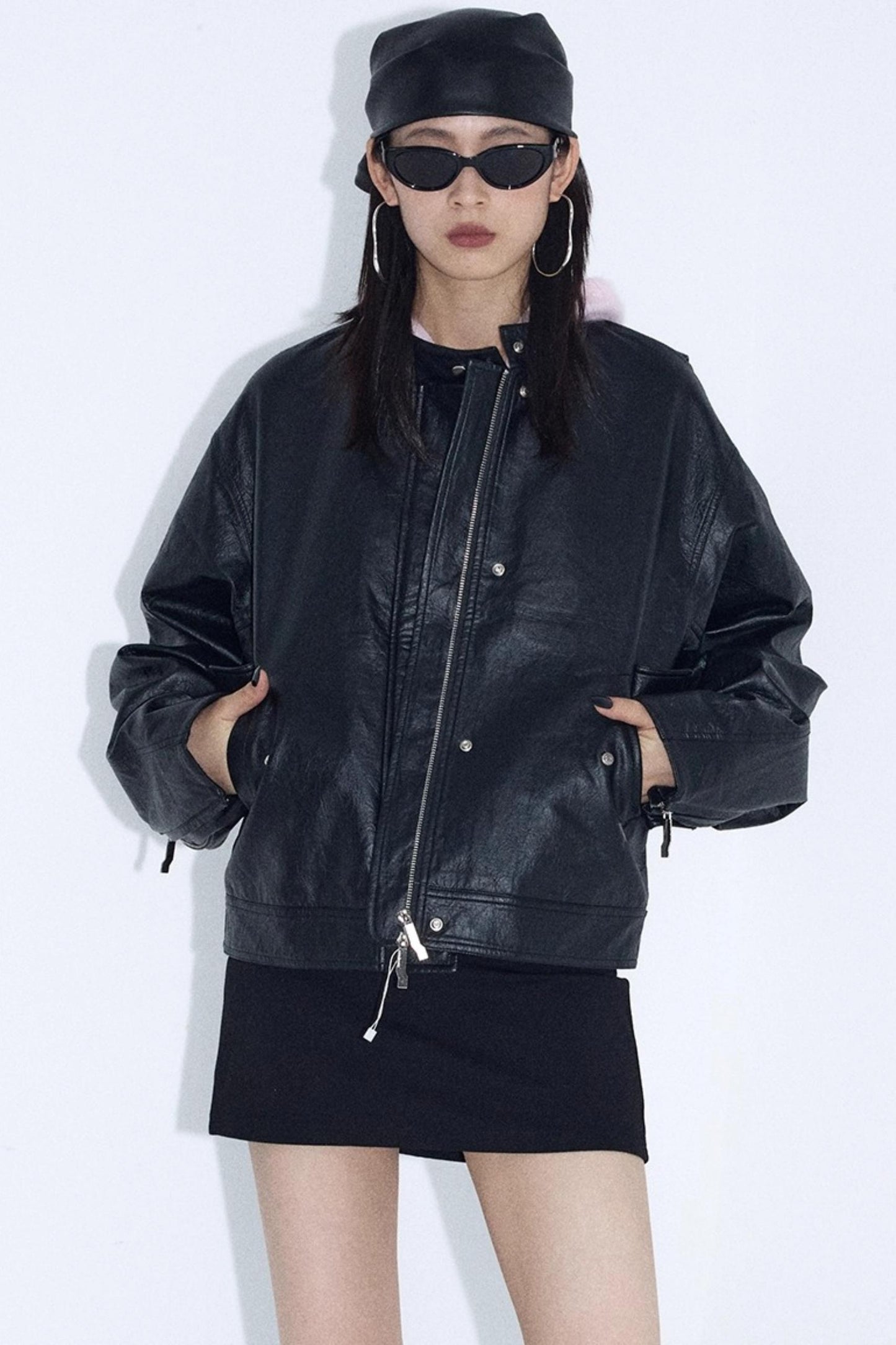 Stand-Up Pleated Leather Jacket