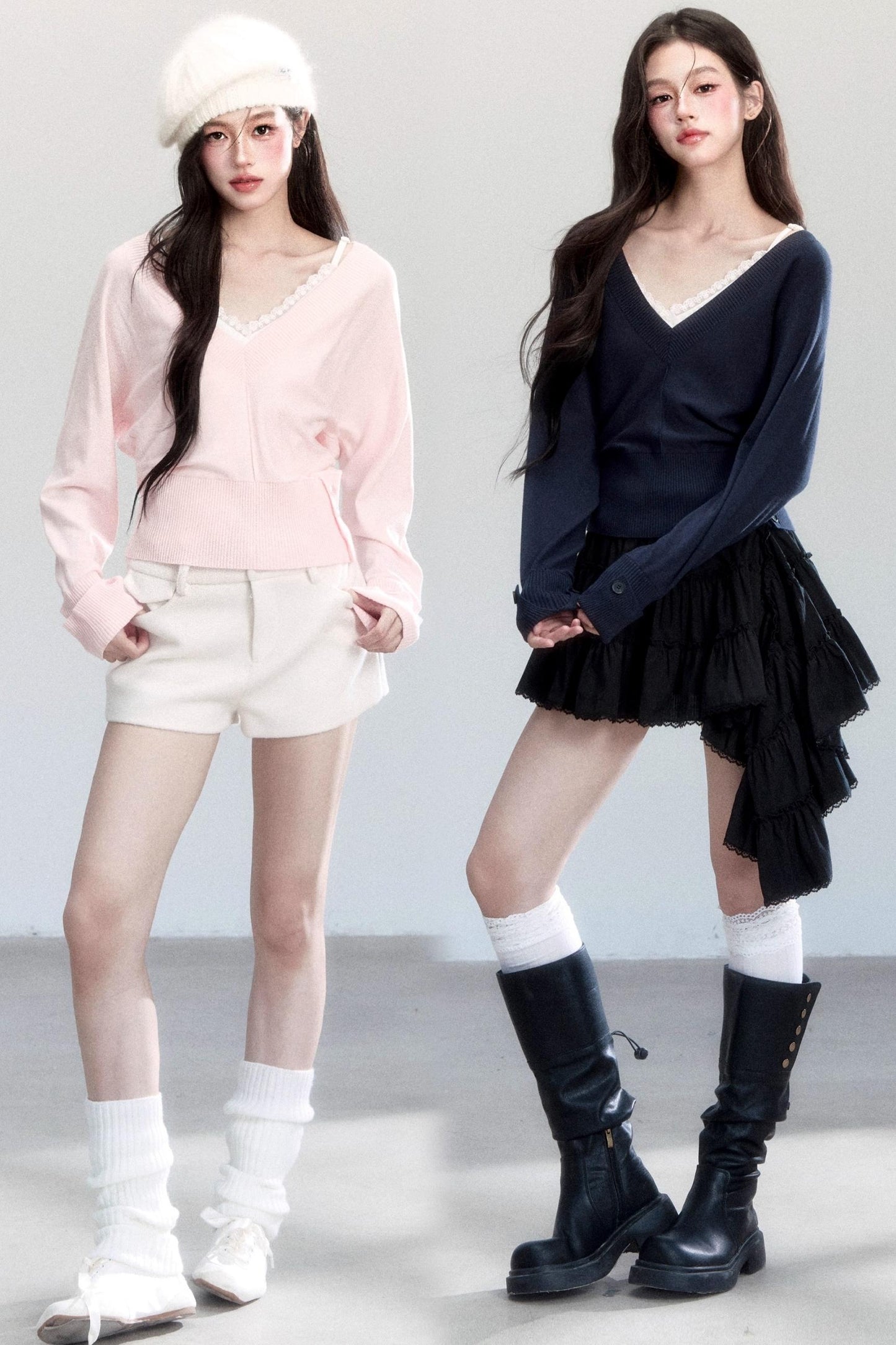 Lazy V-Neck Knit Top Set-Up