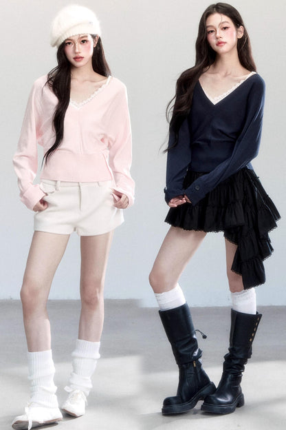 Lazy V-Neck Knit Top Set-Up