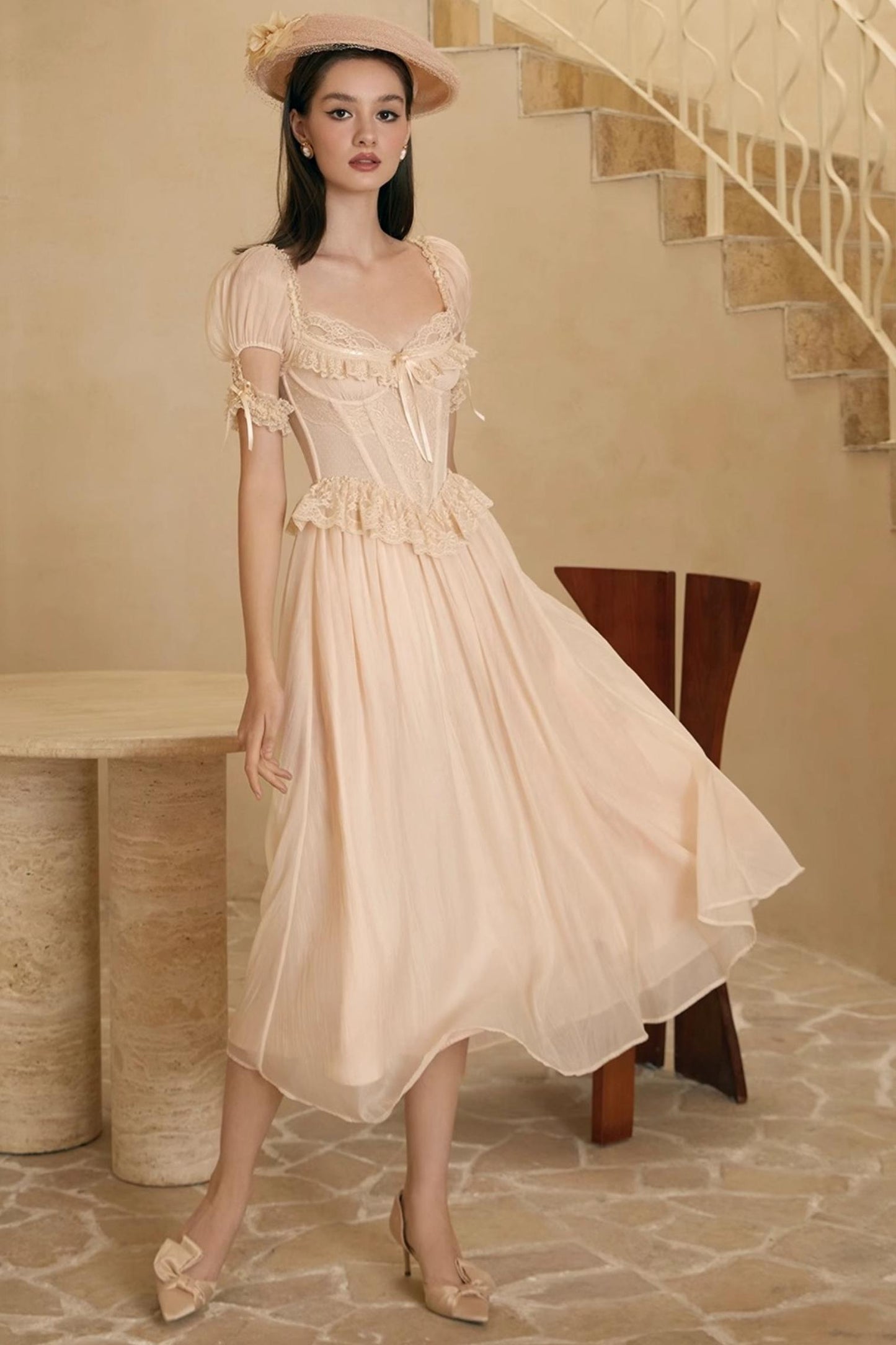 French Champagne Lace Corset Dress Set