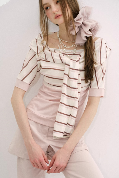 Cherry Blossom Striped Tie-Neck Top