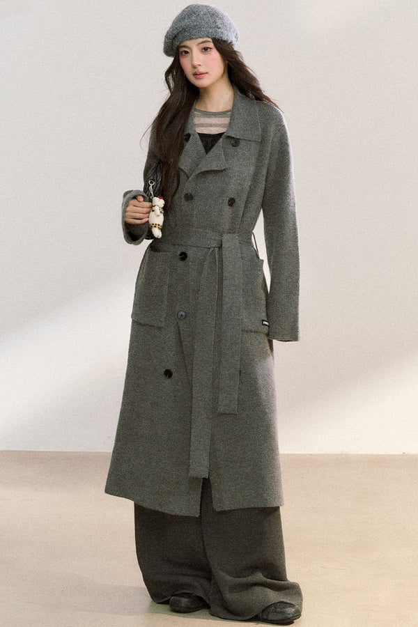 Lapel Double-Breasted Knit Coat