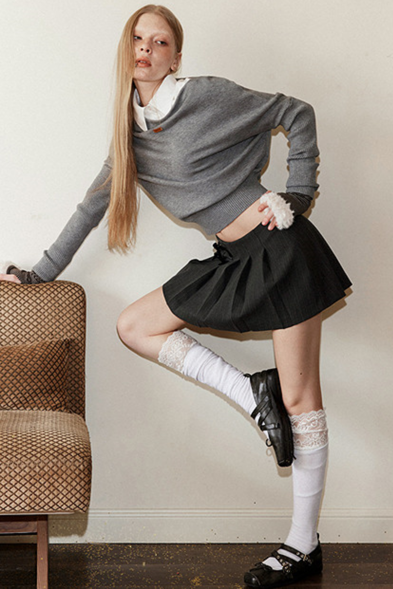 Gray Striped Leather Pleated Skirt