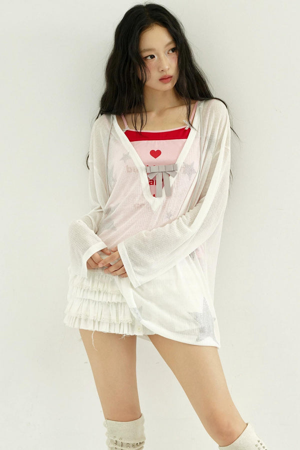 Rhinestone Bowknot Mesh Top