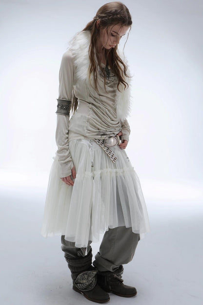 Lace Jacquard Pleated Cake Layered Skirt