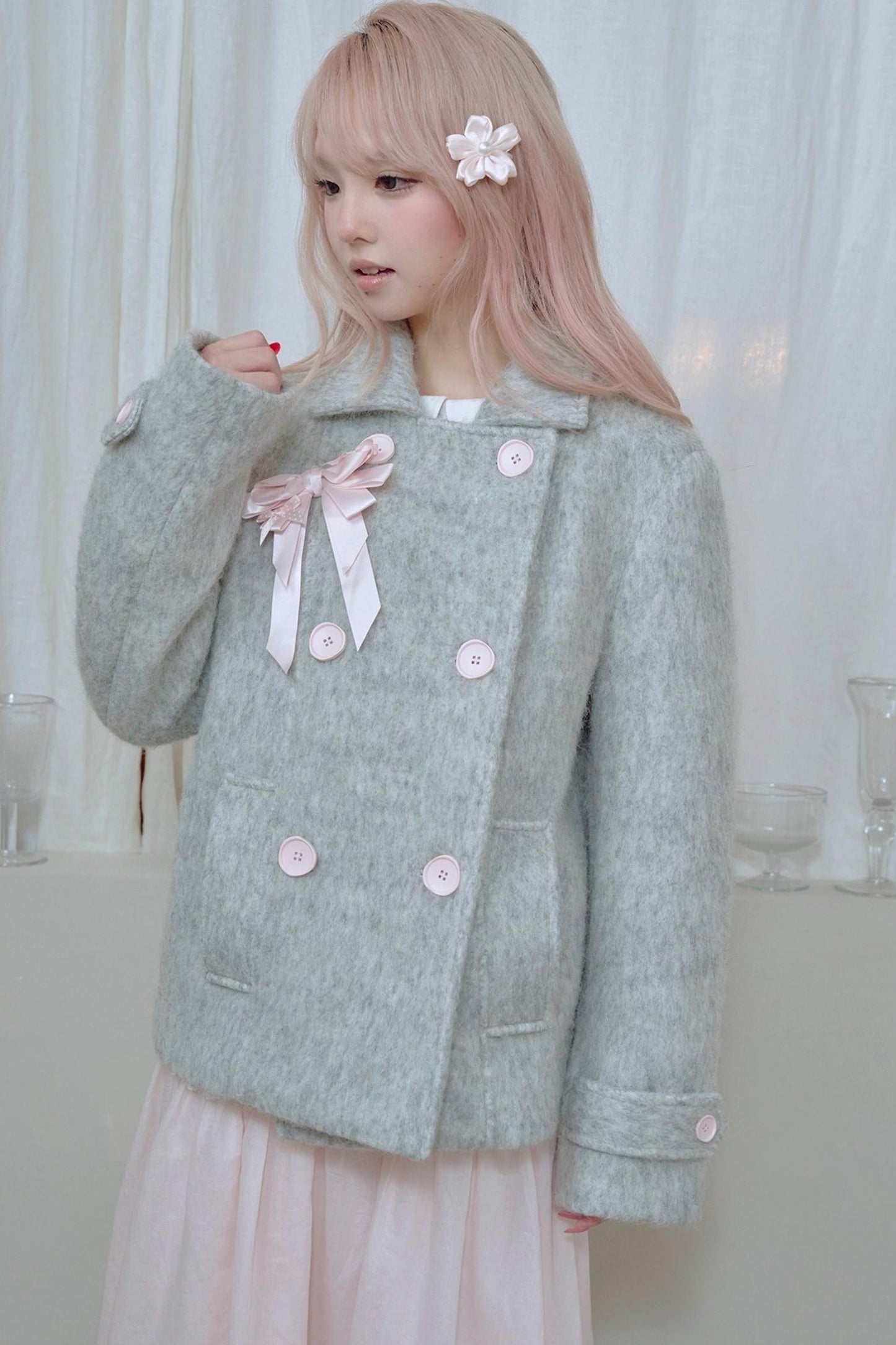 Light Grey Water Ripple Woolen Coat