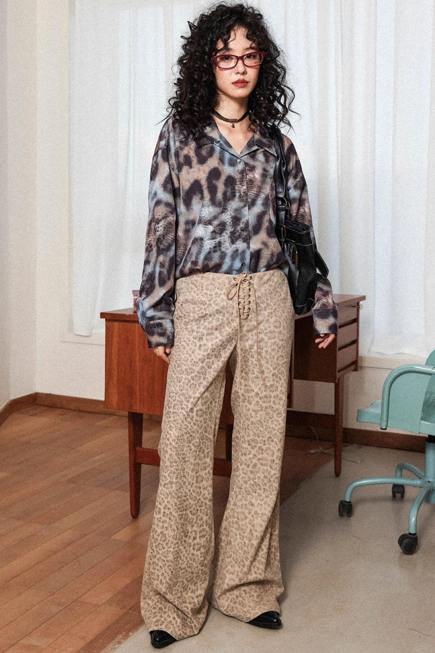 Vintage Leopard Print Cuban Collar Long-Sleeved Shirt