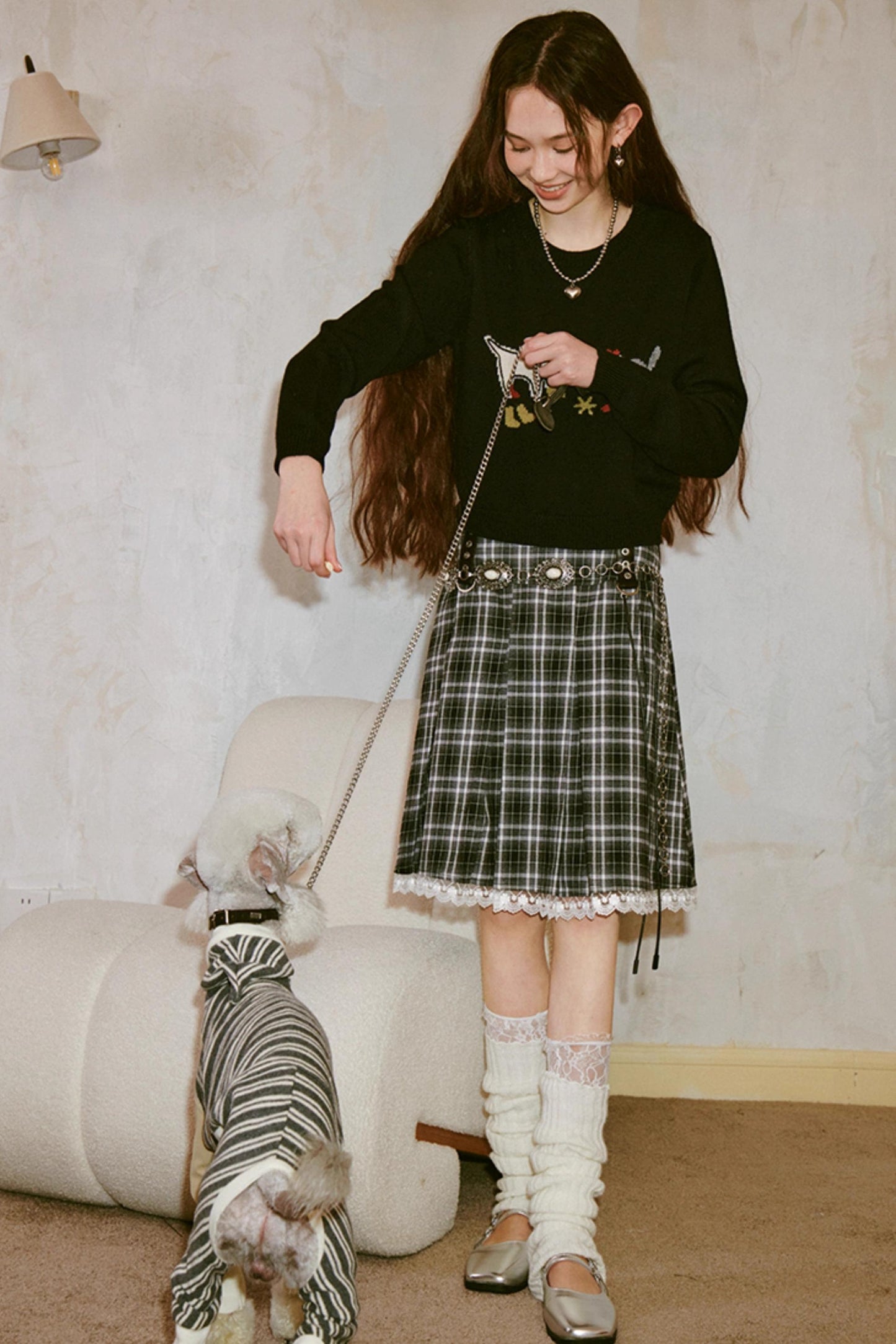 Kitten And Puppy Embroidered Wool Blend Knit Sweater