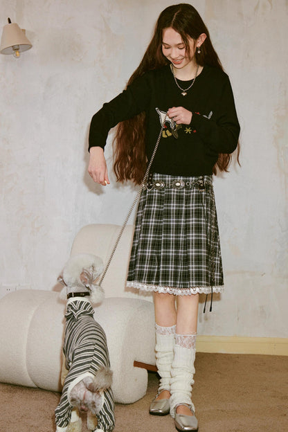 Kitten And Puppy Embroidered Wool Blend Knit Sweater