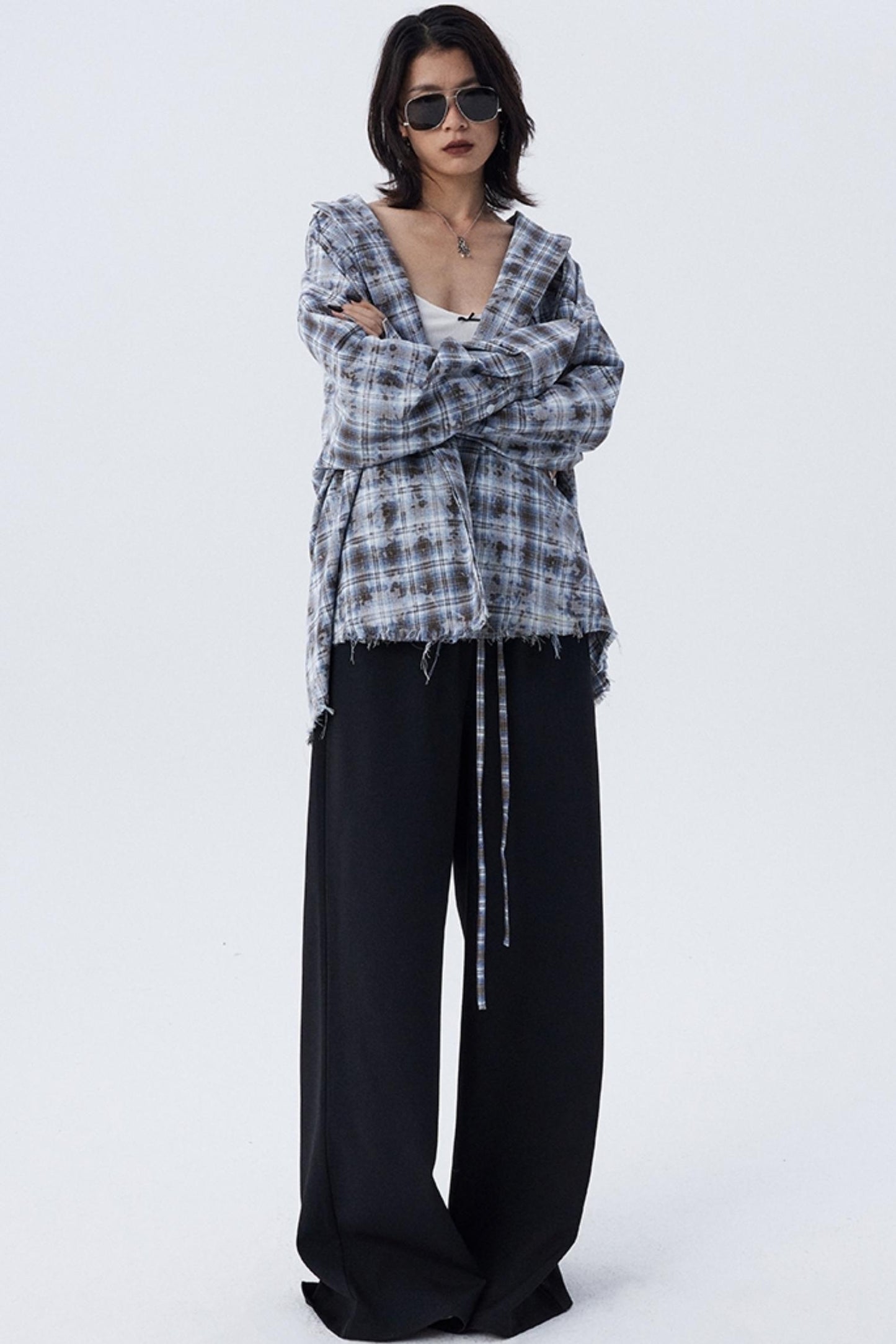 Contrast Check Pattern Wide Pants