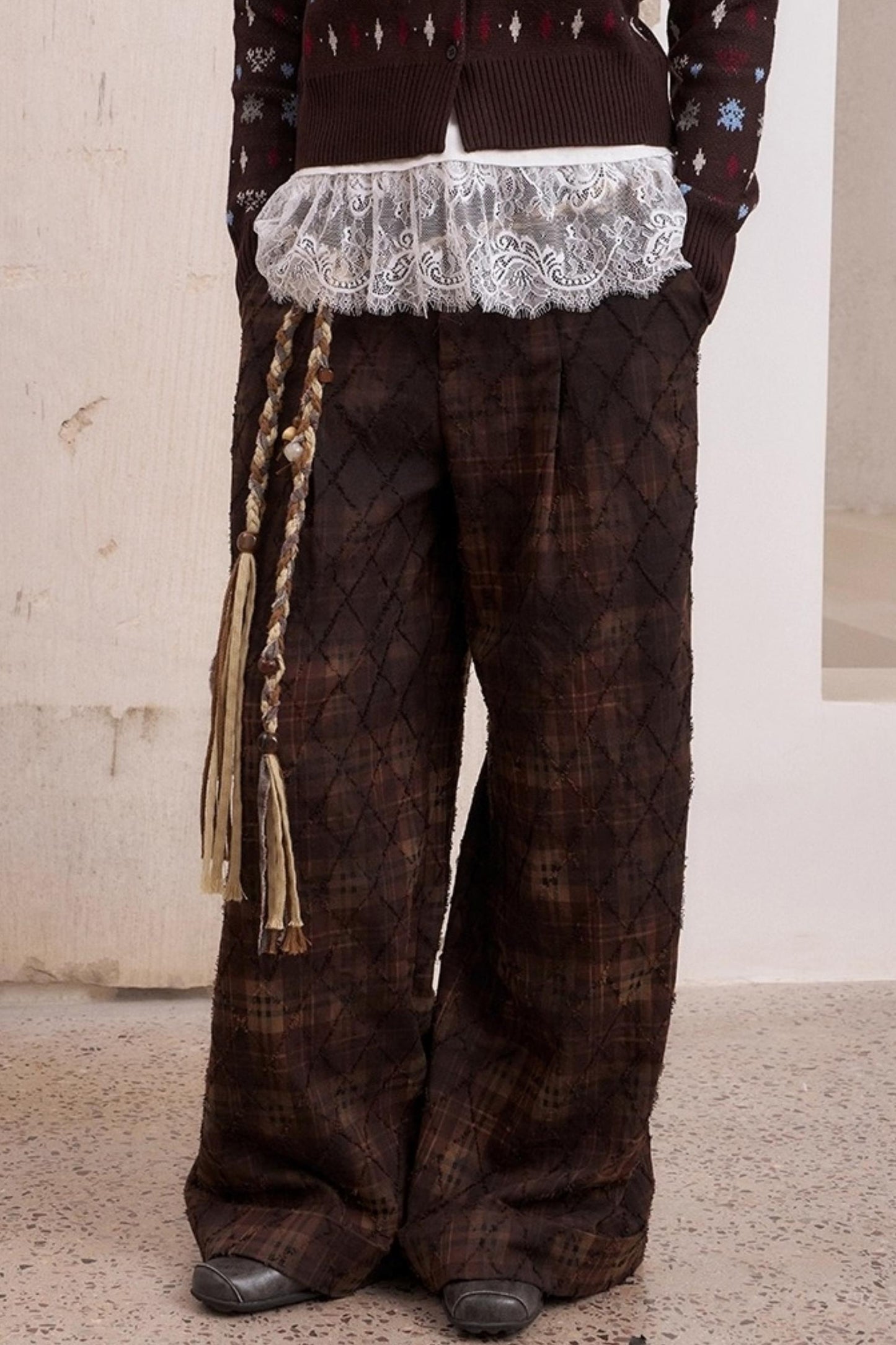 Textured Loose Plaid Trousers