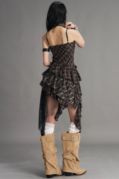 Retro Irregular Plaid Dress