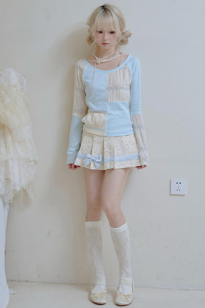 Beige Lace Blue Knit Crew Neck Long Sleeve Top