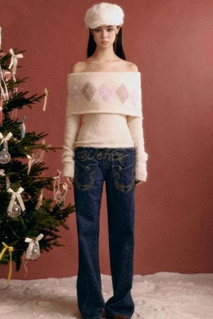 Vintage Argyle Off-Shoulder Sweater