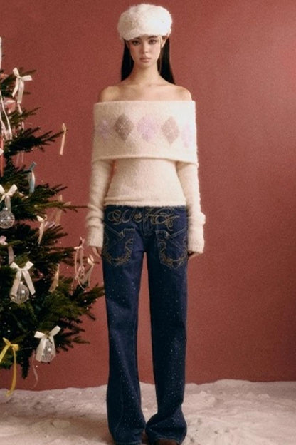 Vintage Argyle Off-Shoulder Sweater