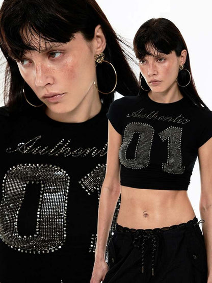 Rhinestone Numbers Cropped Tee