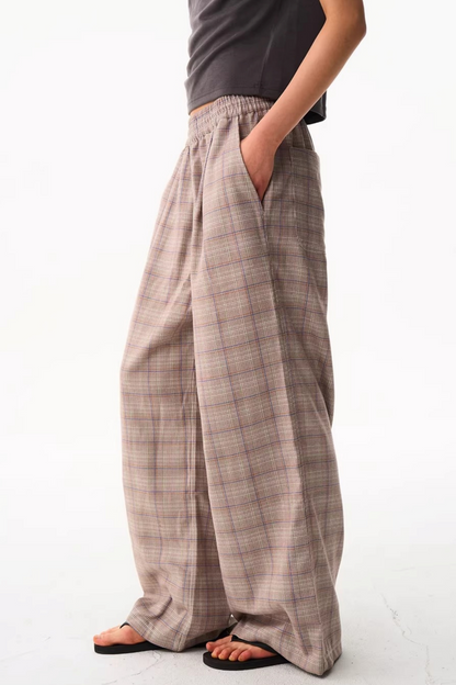 Blue Plaid Wide-Leg Pants