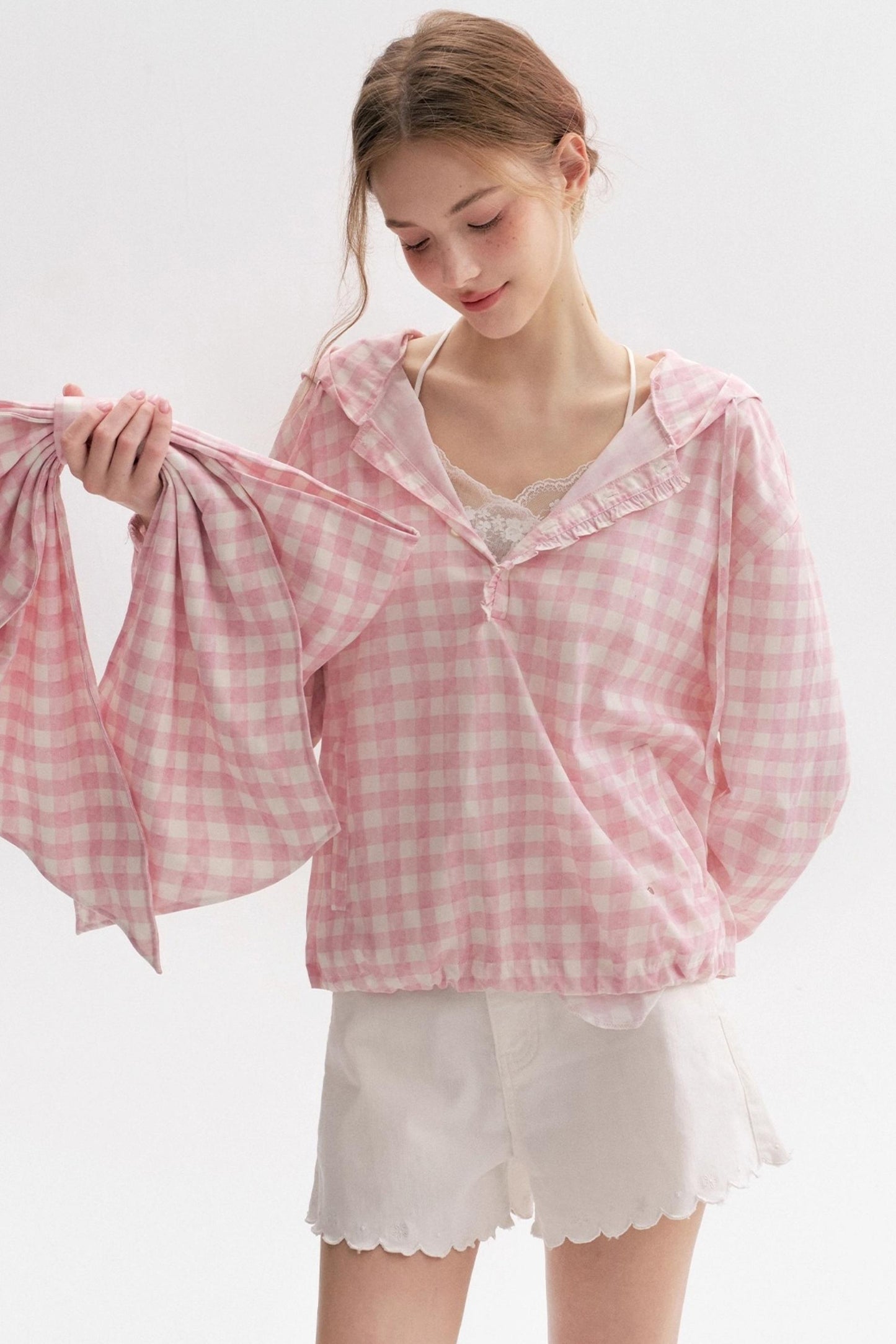 Cream Pink Plaid Lace Hooded Pullover Top