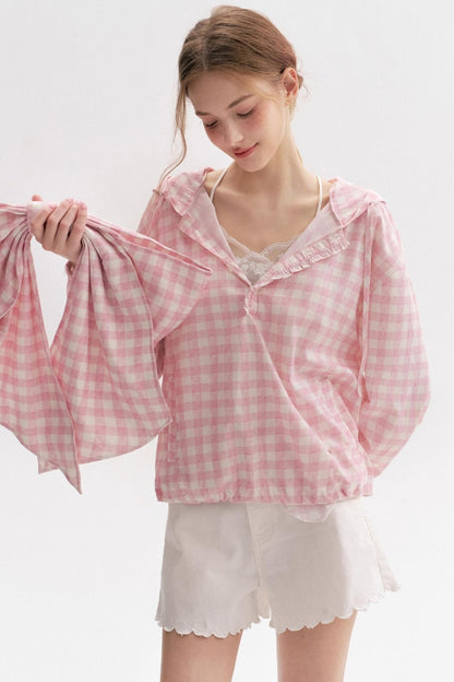 Cream Pink Plaid Lace Hooded Pullover Top