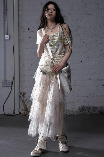 Fairycore Star Tiered Mesh Skirt