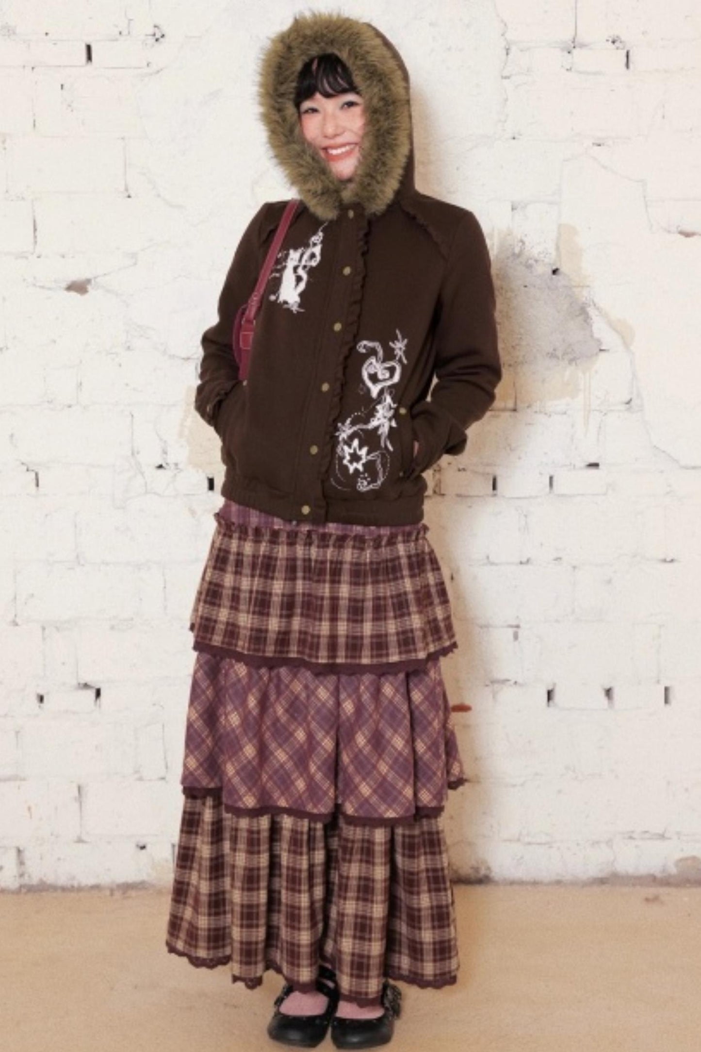 Dark Brown Hooded Jacket Skirt Set-Up