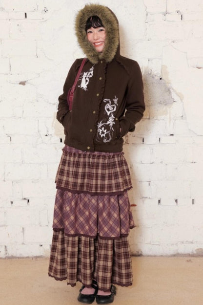 Dark Brown Hooded Jacket Skirt Set-Up