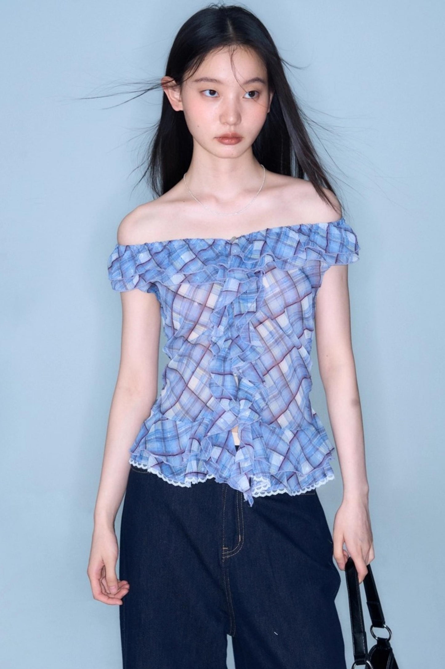 Plaid Ruffle V-Neck Top