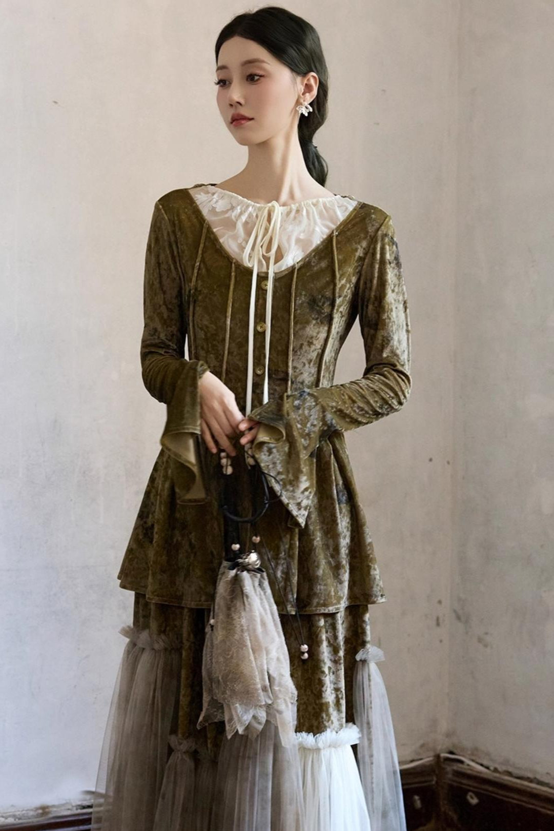 French Velvet Long Sleeve Lace-up Top