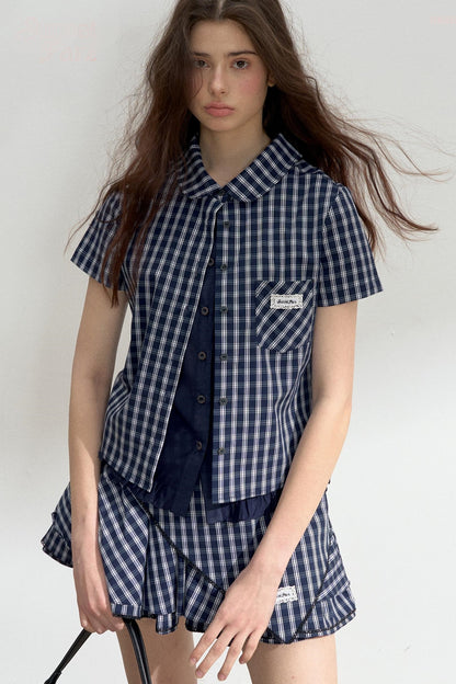 Vintage Blue Check Shirt & Layered Puffy Skirt Set-Up