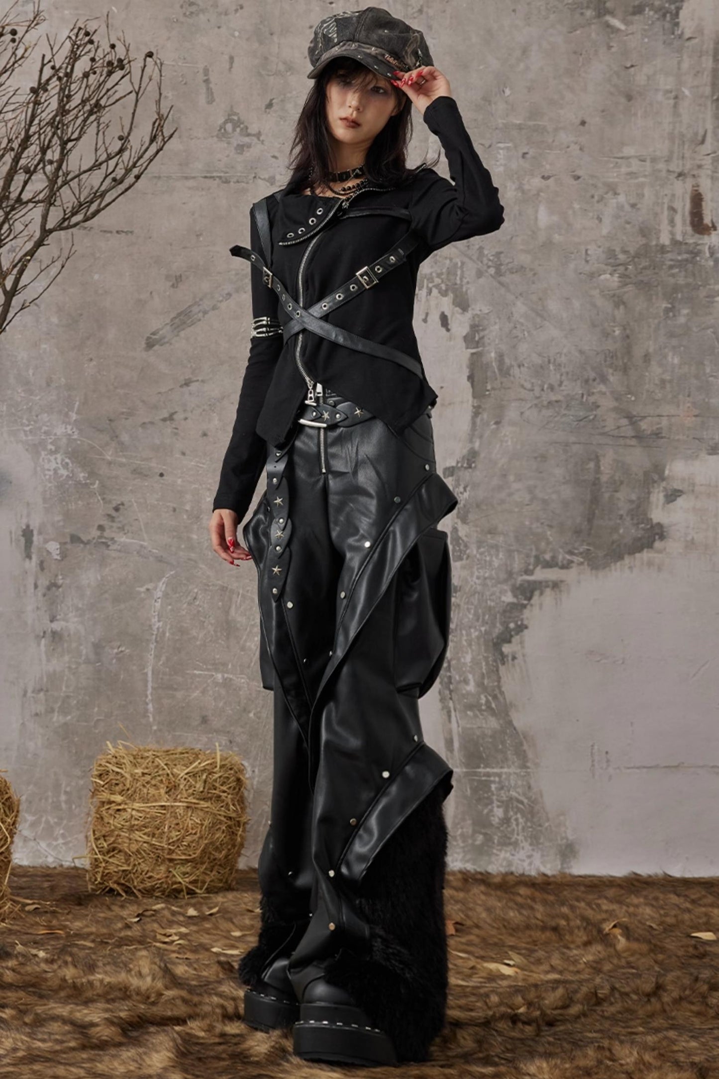 Autumn Punk Wide-Leg Leather Pants