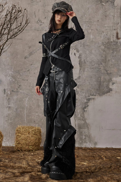 Autumn Punk Wide-Leg Leather Pants