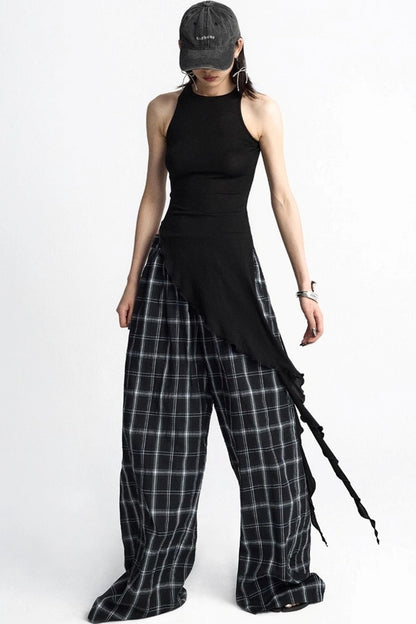 Summer Plaid Wide-Leg Pants