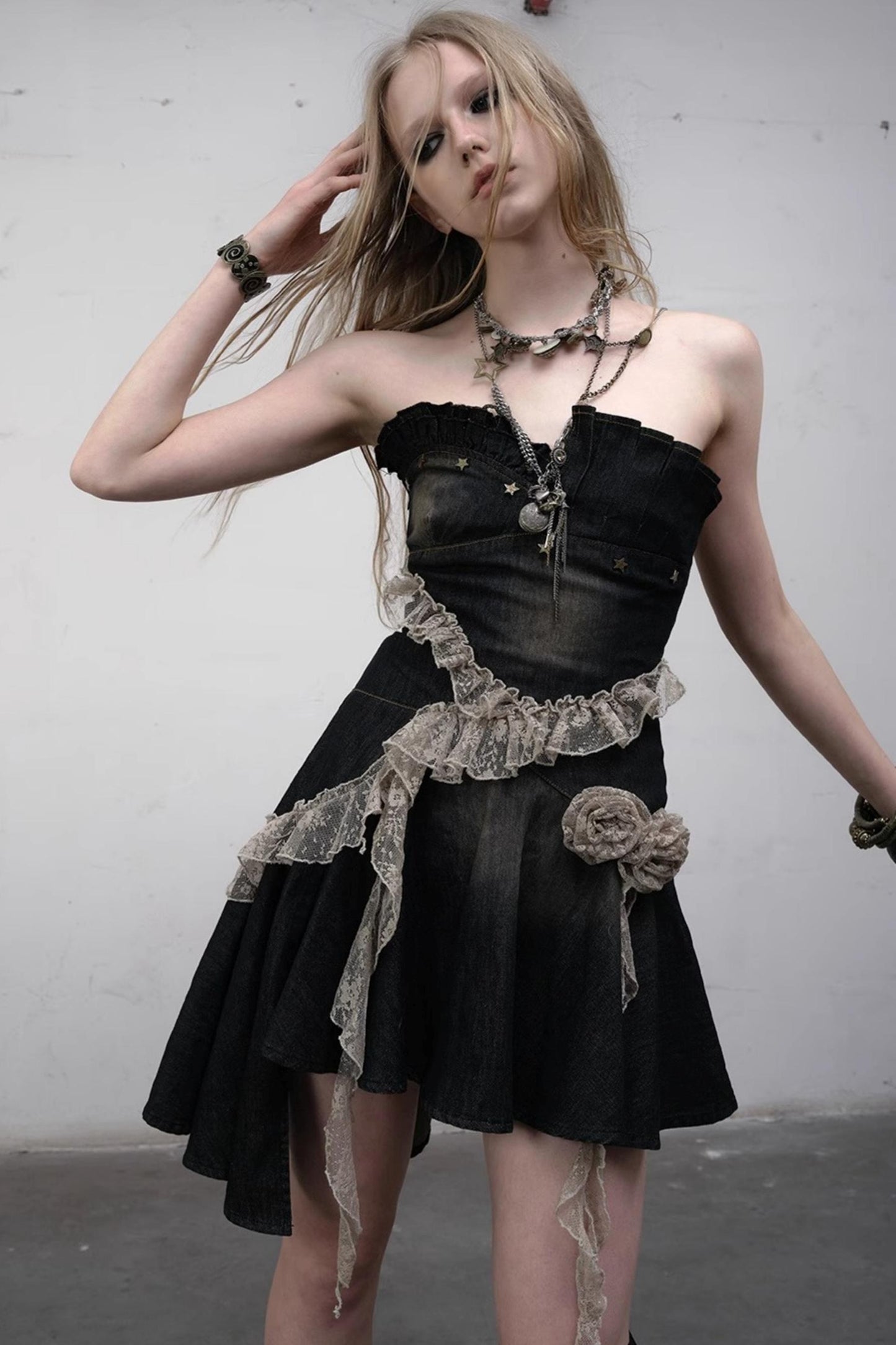 Vintage Black Lace Denim Dress