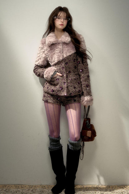 Retro Chic Purple Sequin Tweed Suit Set-Up