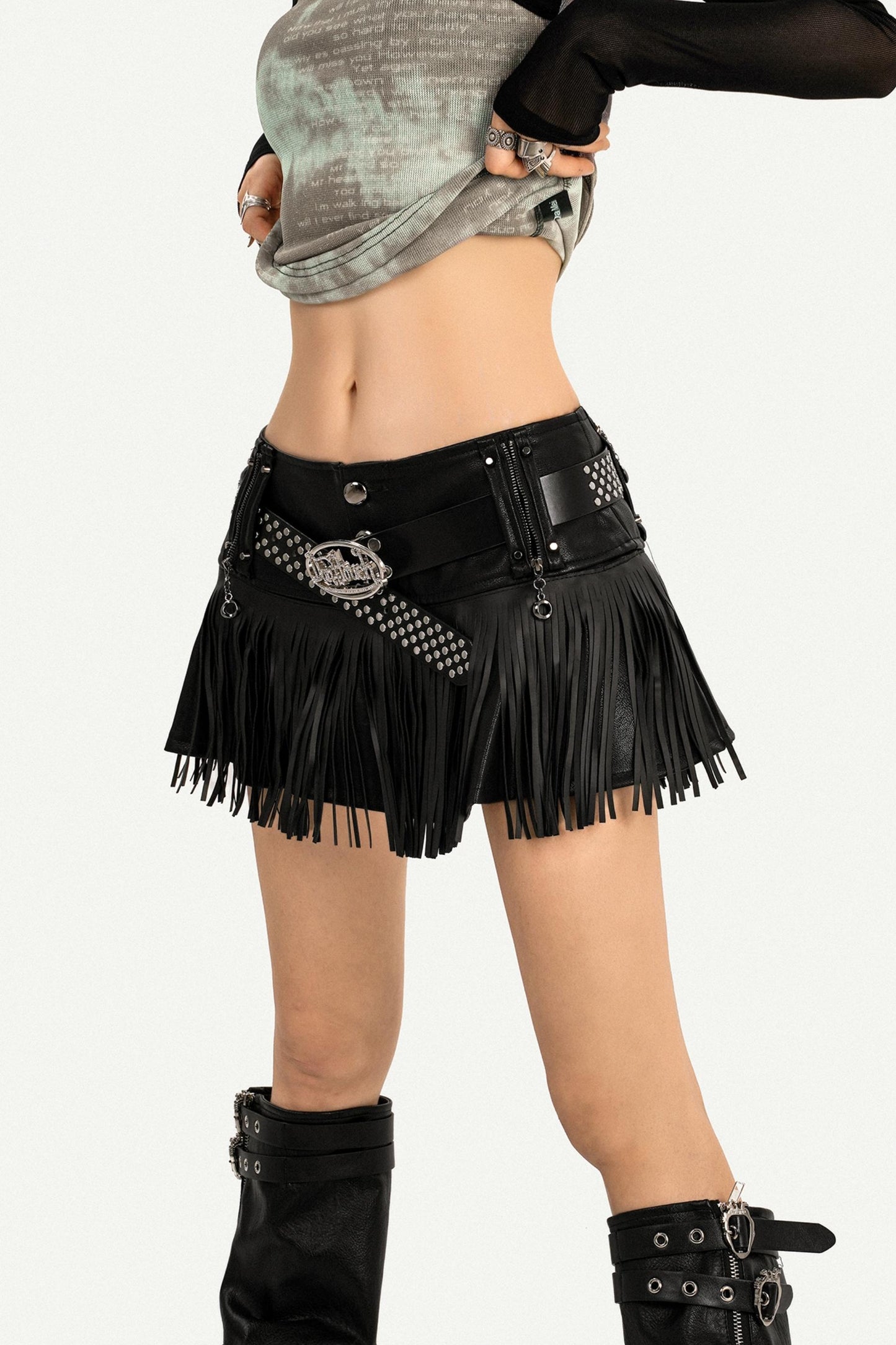 Hot Girl Fringed Leather Skirt