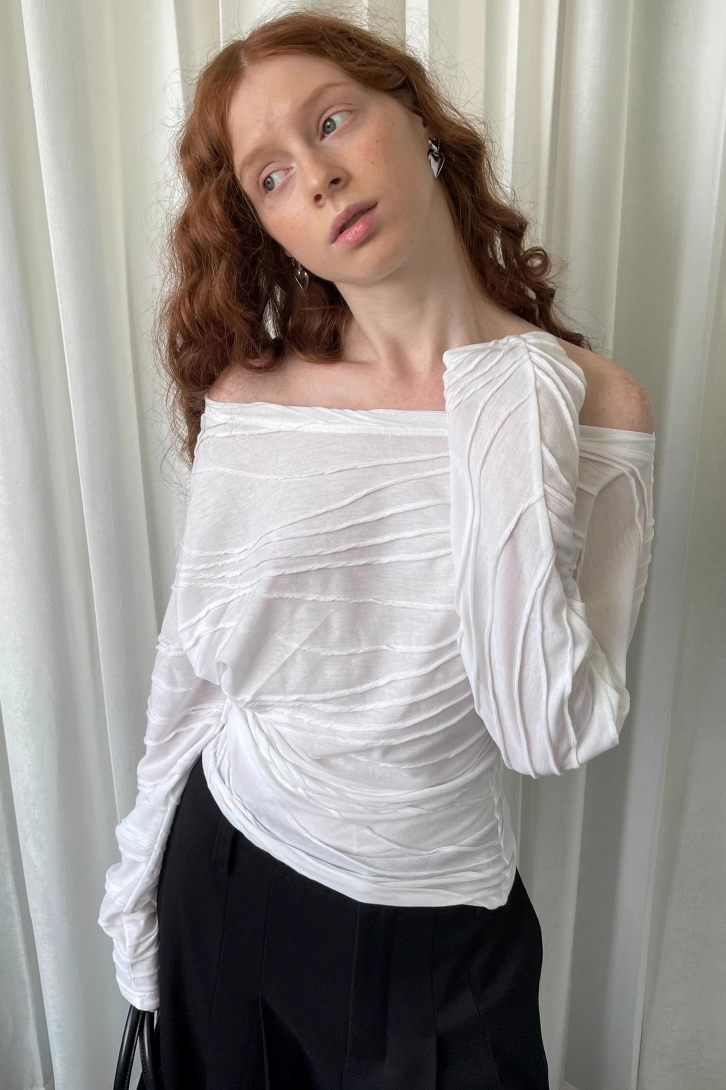 Pleated Slanted Shoulder Slimming Top