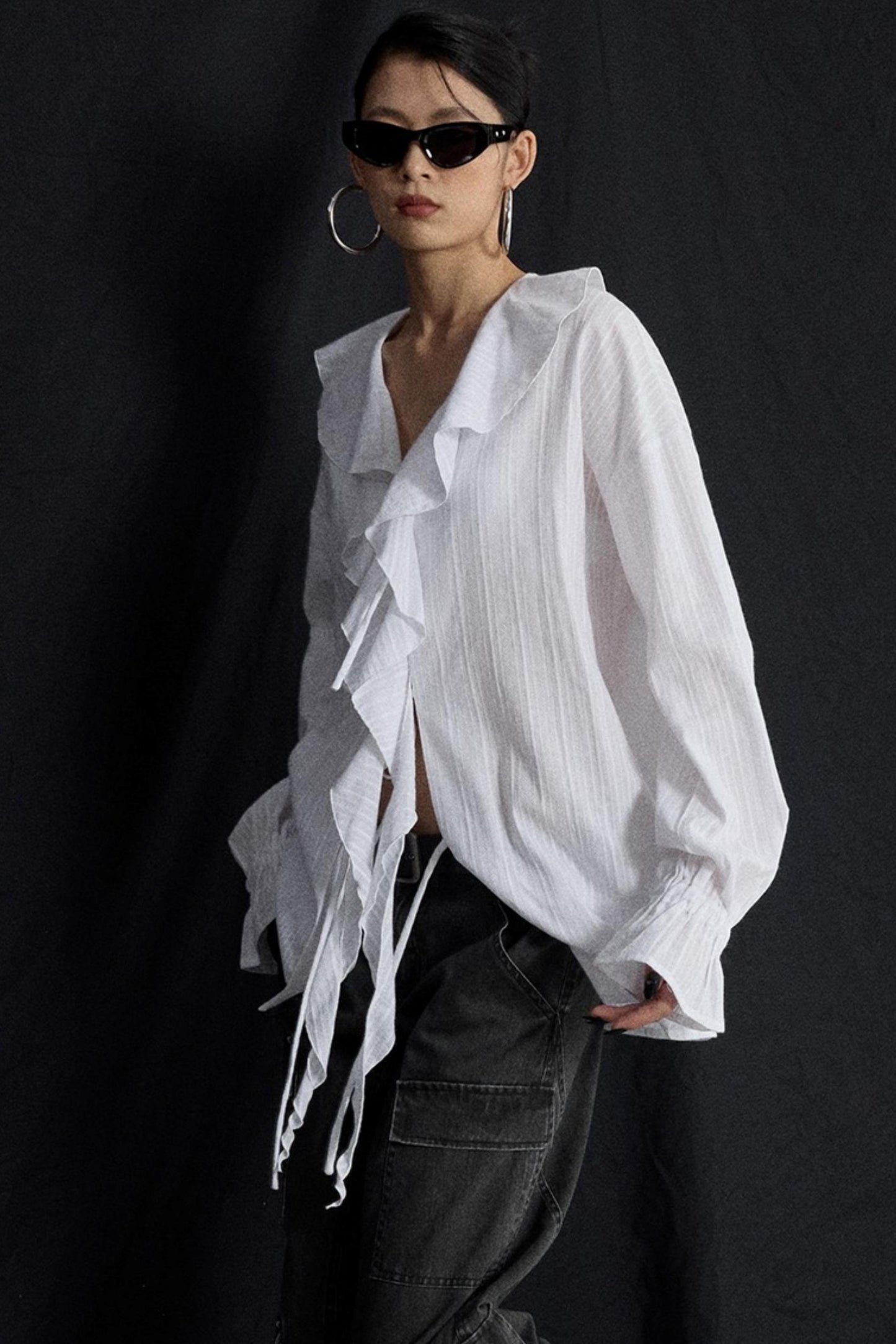 Winter White Ruffled V-Neck Shirt