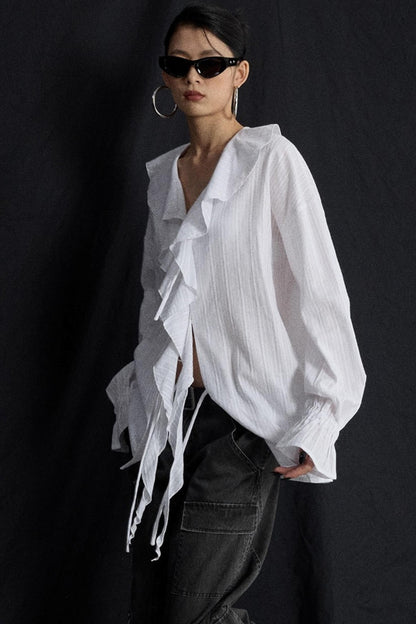 Winter White Ruffled V-Neck Shirt