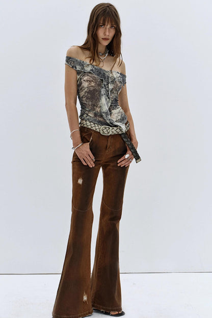 Splash Print Off-Shoulder Casual Top