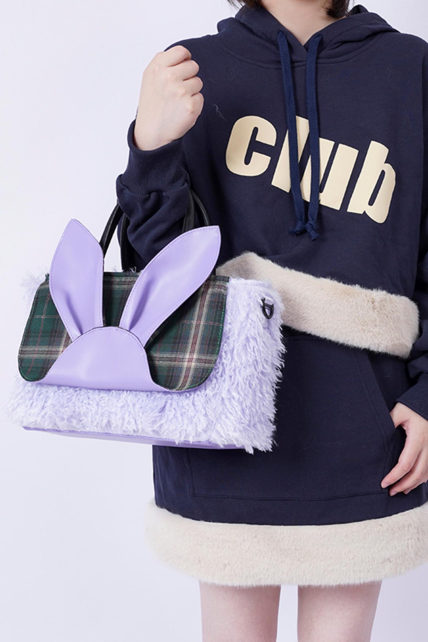 Plaid Rabbit Fur Tote Bag