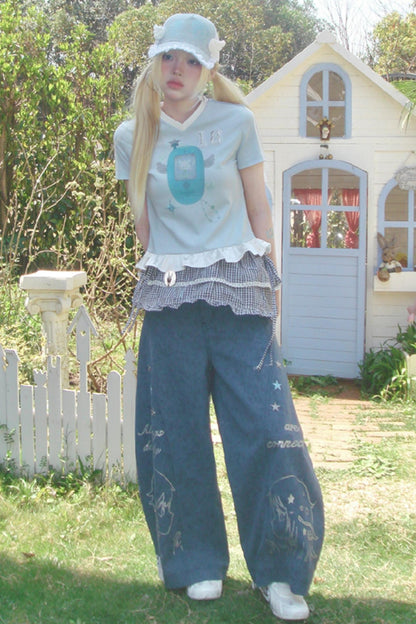 Blue Ruffle V-Neck Tee