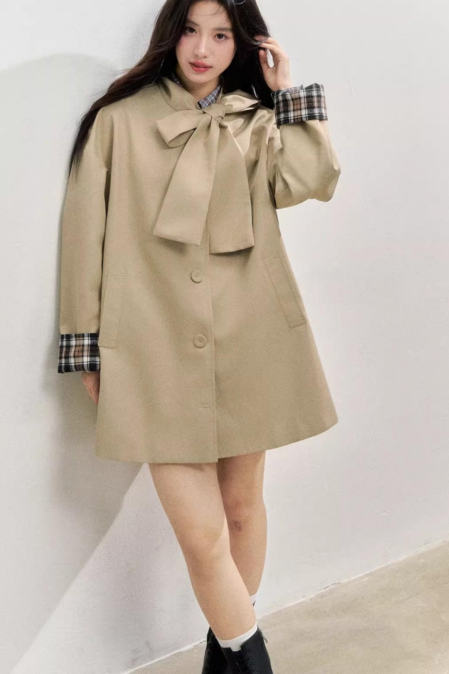 Vintage Bow Plaid Trench Coat