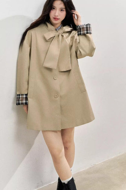 Vintage Bow Plaid Trench Coat