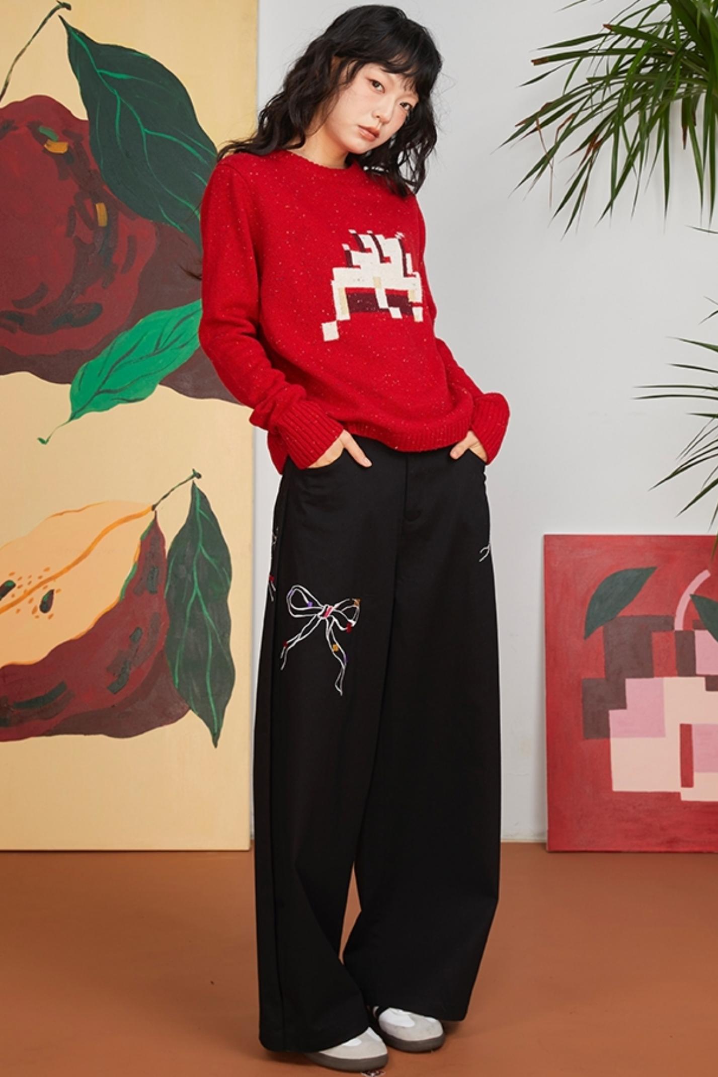 Loose Fit Bow Embroidery Pants