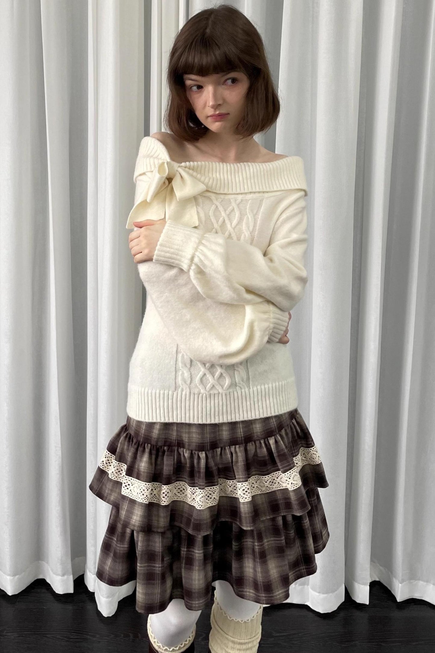 Coffee Plaid Patchwork Puffy Skirt