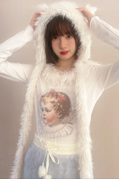 Vintage Angel Print Fur Collar Long Sleeve T-Shirt