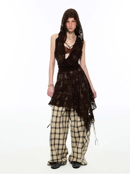 Gradient Plaid Pattern Wide Leg Cargo Pants