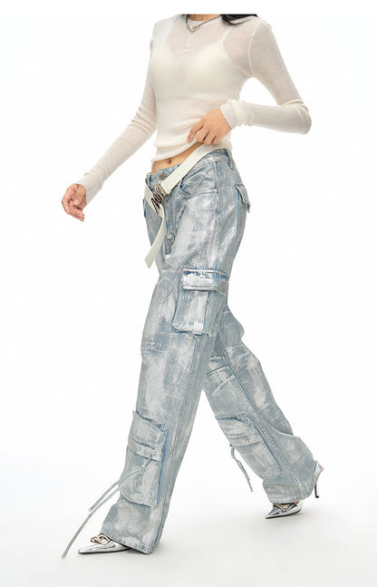 Silver coated cargo straight denim