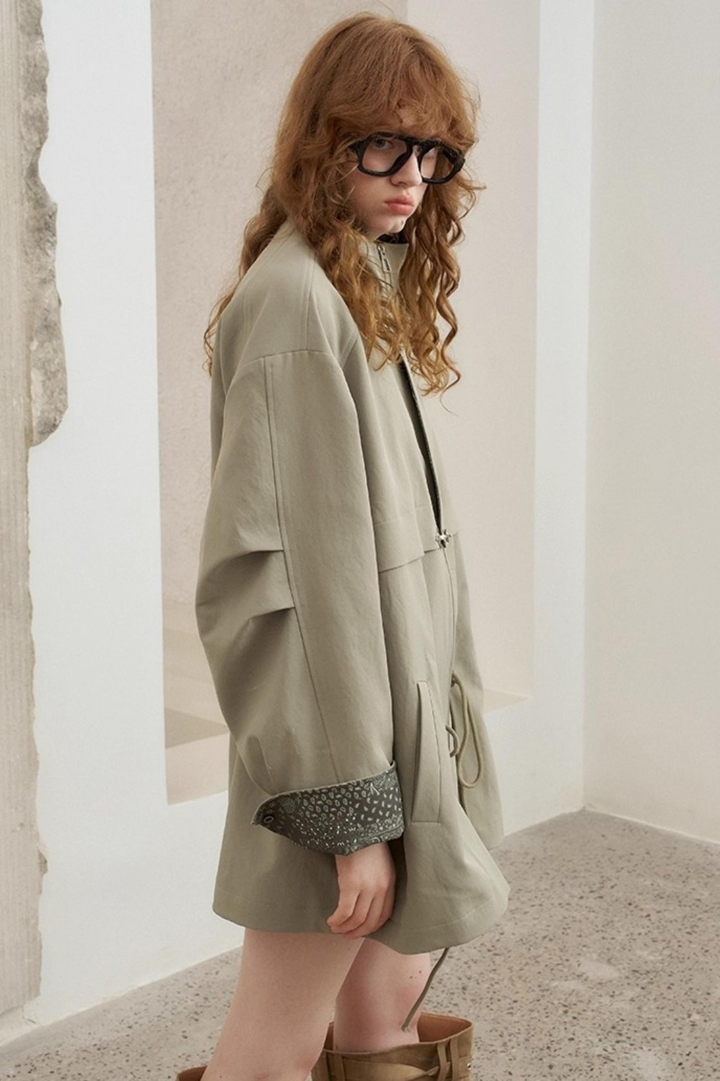 Contrast Windproof Drawstring Midi Trench Coat